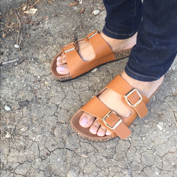 Shoes - LAST 1❤️ TAN DOUBLE STRAP CORK SLIDE SANDALS